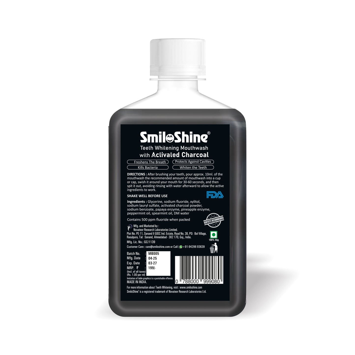 SmiloShine Alcohol Free Charcoal Moutwash Back Packaging