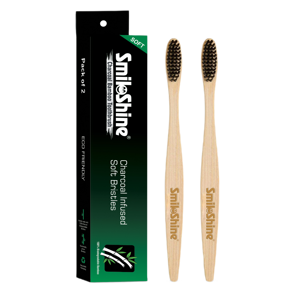 SmiloShine® Bamboo Toothbrush pack of 2 with charcoal bristles
