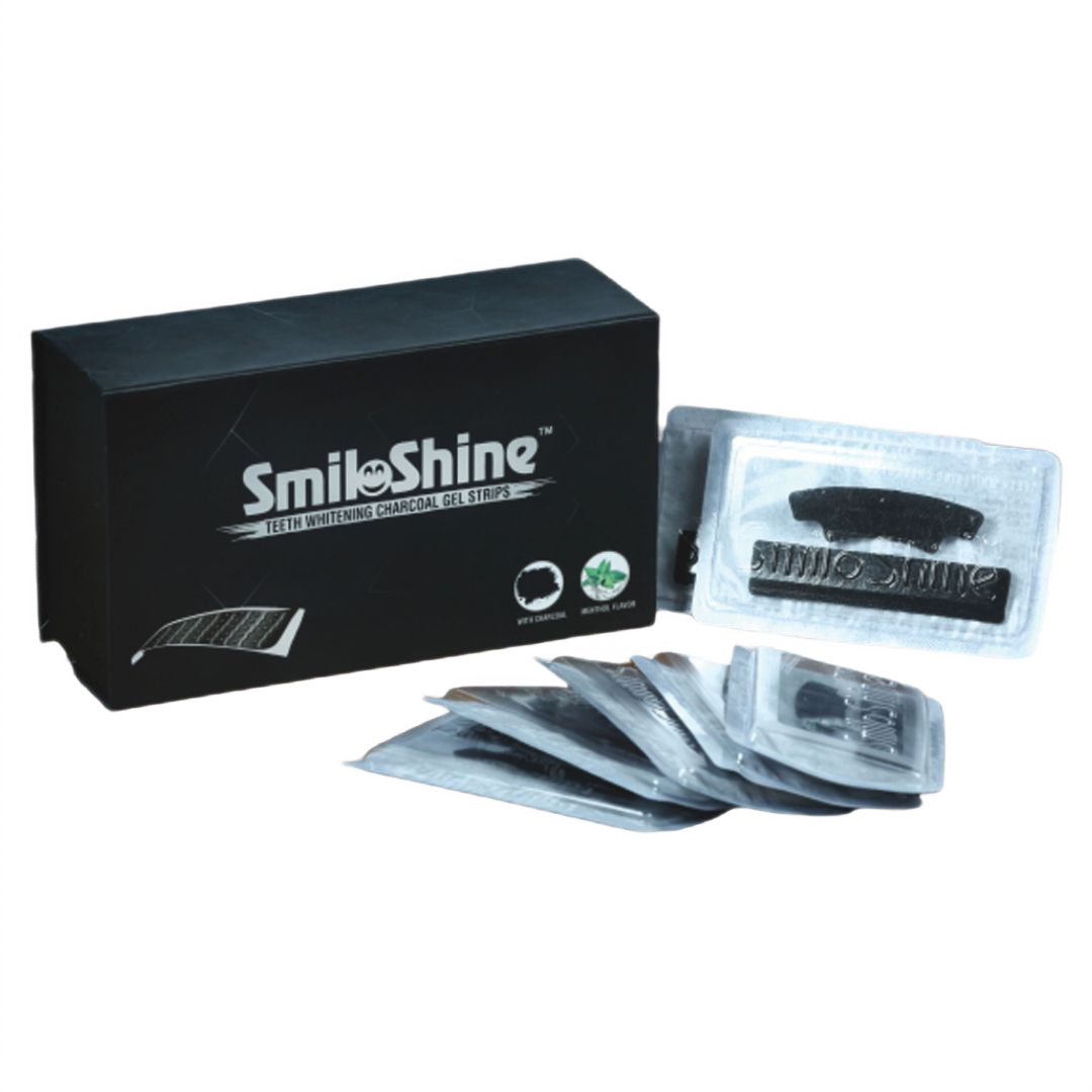SmiloShine® Charcoal Whitening Gel Strips box with open strips