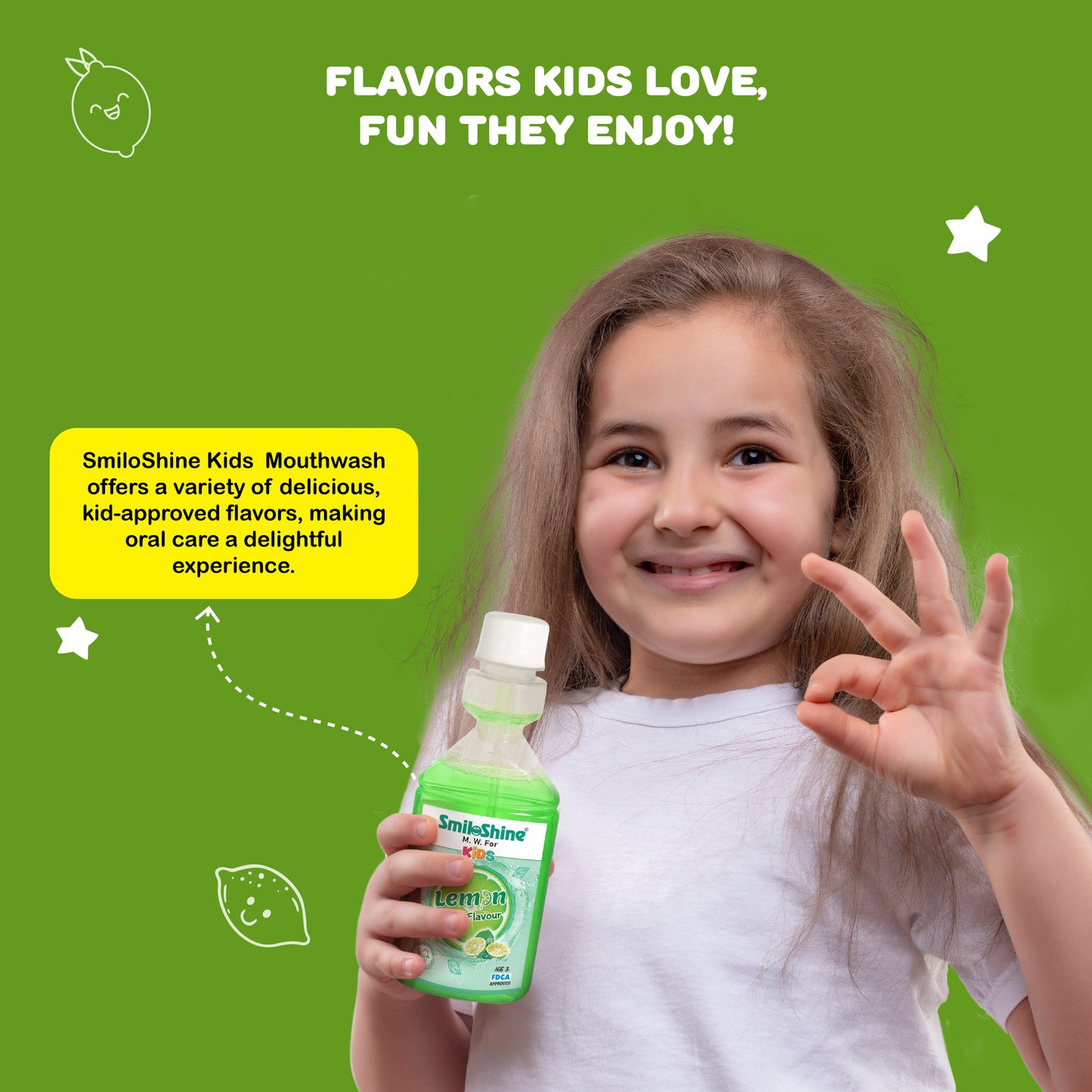 SmiloShine® Kids Fun Mouthwash Lemon Lime with How to Use Smiling Baby Girl