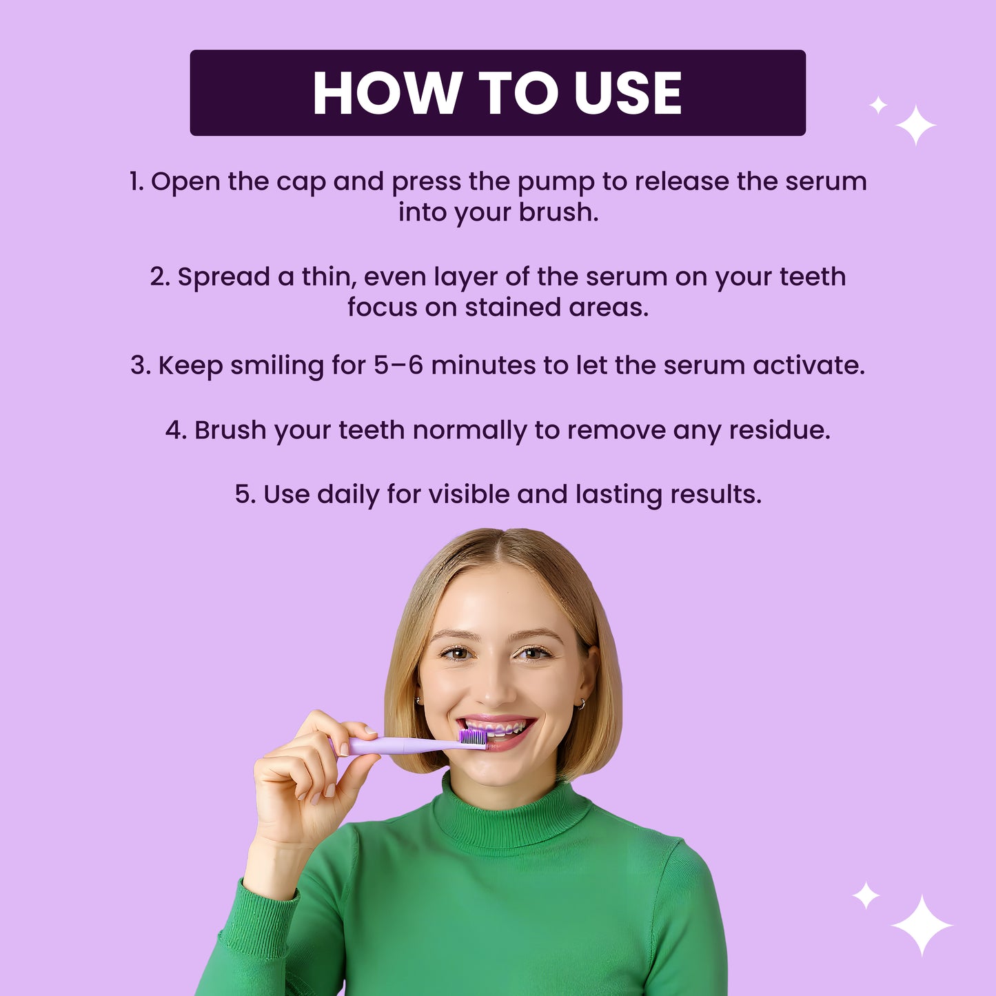 Applying SmiloShine® Purple Serum for yellow stains removal guide