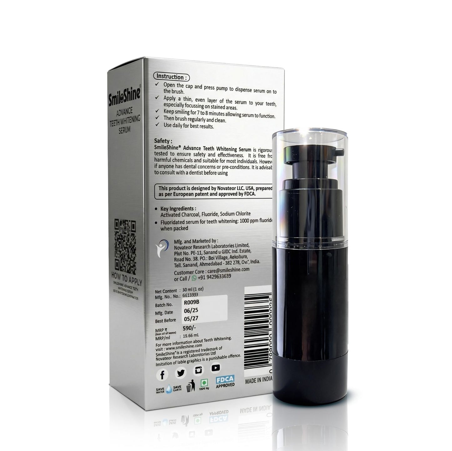 Back of SmiloShine Serum box showing directions for use and safety information.