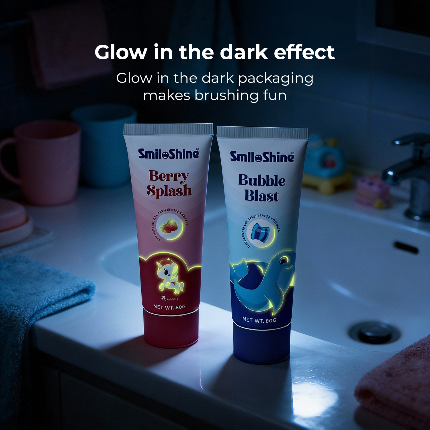 SmiloShine Berry and Bubble kids toothpastes glowing in the dark to make nighttime brushing fun and exciting.