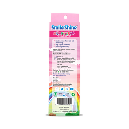 Back side image of SmiloShine Unicorn Heartipop Tongue Cleaner with details.
