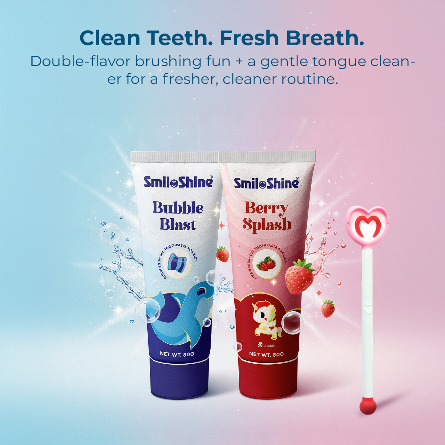 SmiloShine kids dental routine graphic for clean teeth and fresh breath, showing berry and bubble gum flavor toothpastes.