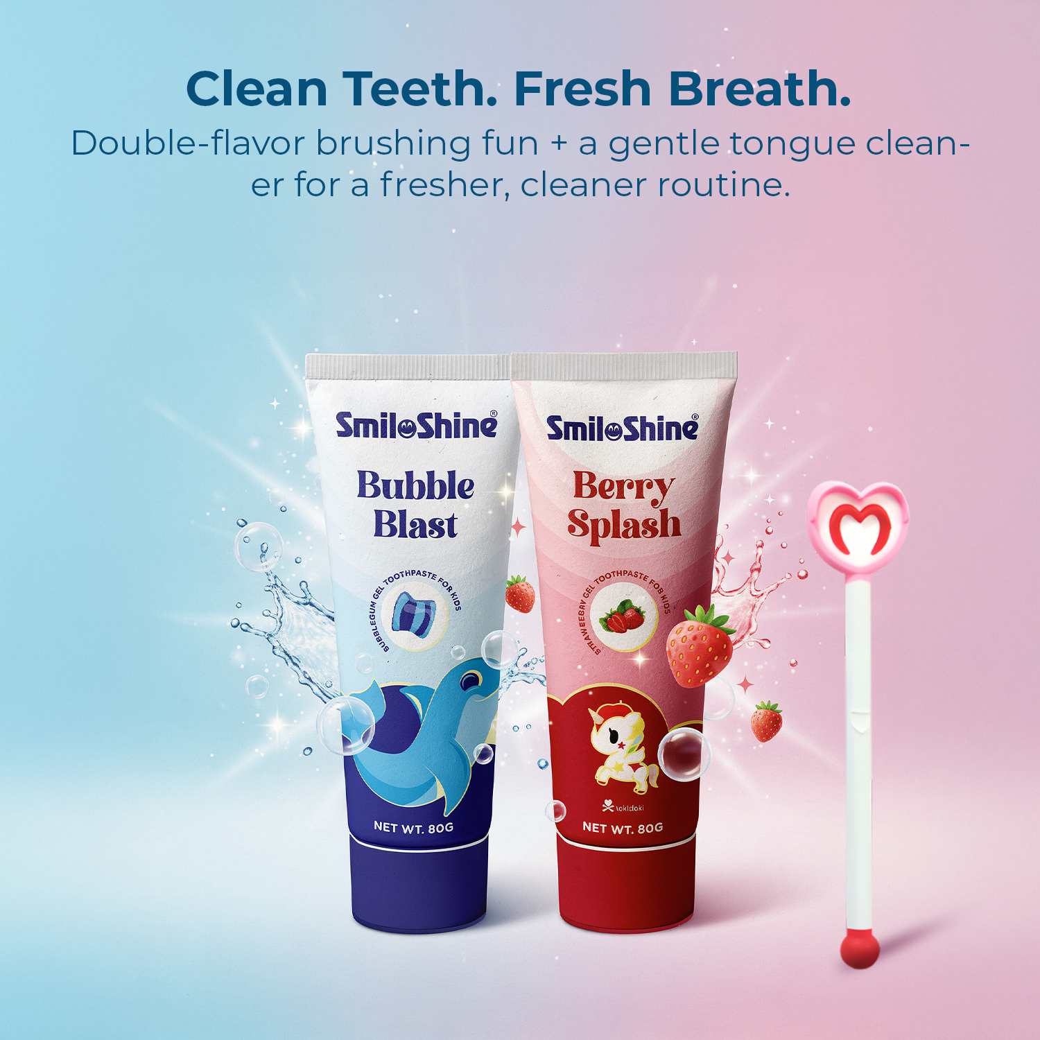 SmiloShine kids dental routine graphic for clean teeth and fresh breath, showing berry and bubble gum flavor toothpastes.