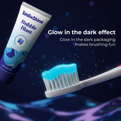 Dark background showing SmiloShine Bubble Blast toothpaste tube and blue gel glowing in the dark to make brushing fun for children.