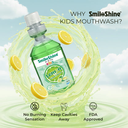 Graphic for SmiloShine lemon mouthwash encouraging a 30-second swish for healthy teeth and protecting little smiles with FDA Approval.