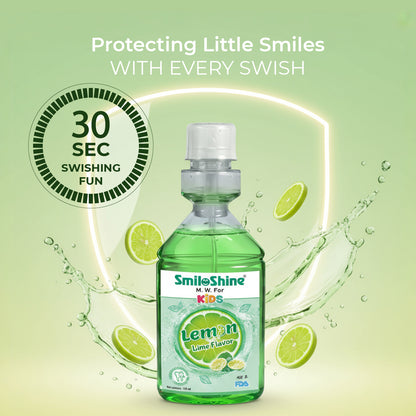 Graphic for SmiloShine lemon mouthwash encouraging a 30-second swish for healthy teeth and protecting little smiles.