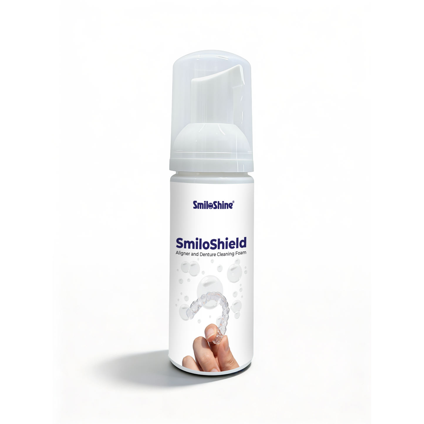 Front view of SmiloShield Aligner and Denture Cleaning Foam bottle highlighting the peppermint flavor and antibacterial formula.