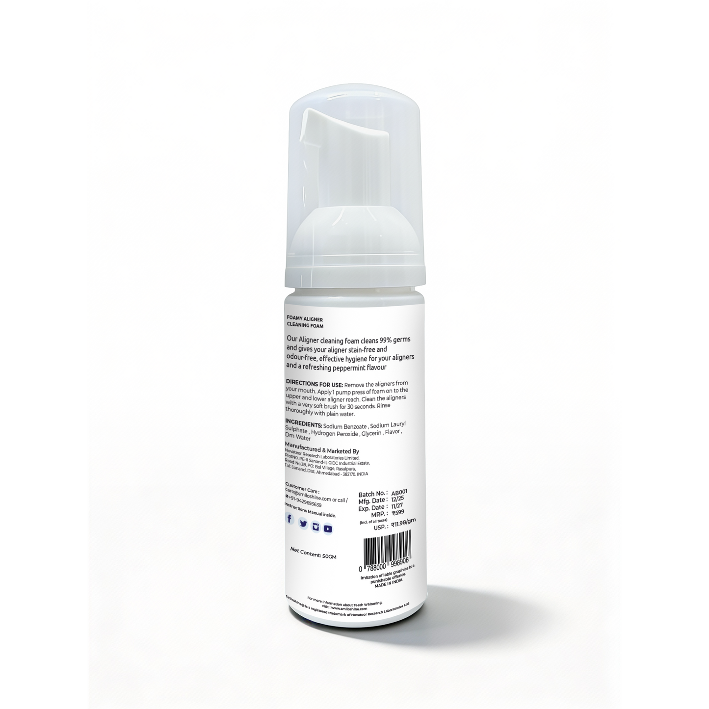 SmiloShield cleaning foam display showing front and back of the portable 50g bottle for aligners and retainers.