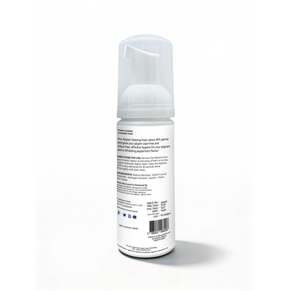 SmiloShield cleaning foam display showing front and back of the portable 50g bottle for aligners and retainers.