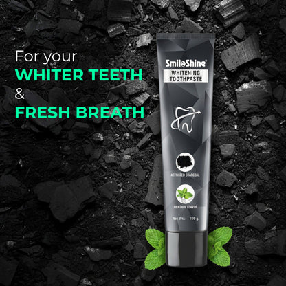 SmiloShine Activated Charcoal Toothpaste tube against a dark background, highlighting whiter teeth and fresher breath.