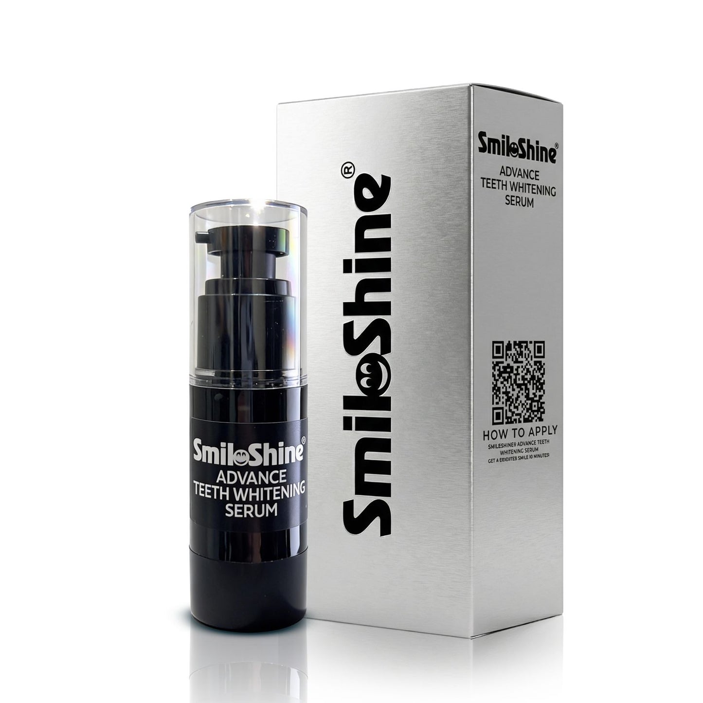 SmiloShine Advance Teeth Whitening Serum in a hygienic airless pump bottle for easy application with box.
