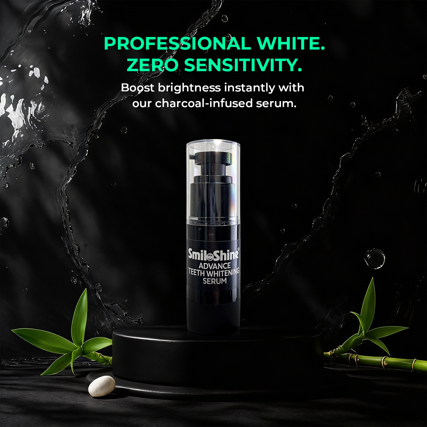 SmiloShine Advance Teeth Whitening Serum bottle highlighting professional white results with zero sensitivity or gum irritation.
