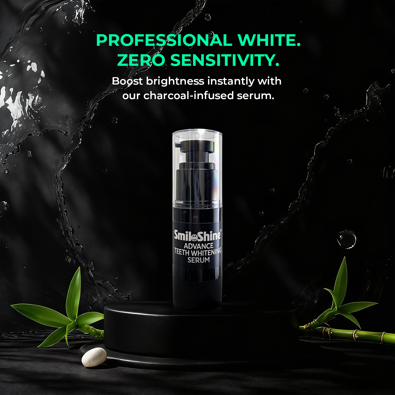 SmiloShine Advance Teeth Whitening Serum bottle highlighting professional white results with zero sensitivity or gum irritation.