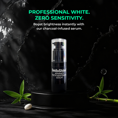 SmiloShine Advance Teeth Whitening Serum bottle highlighting professional white results with zero sensitivity or gum irritation.