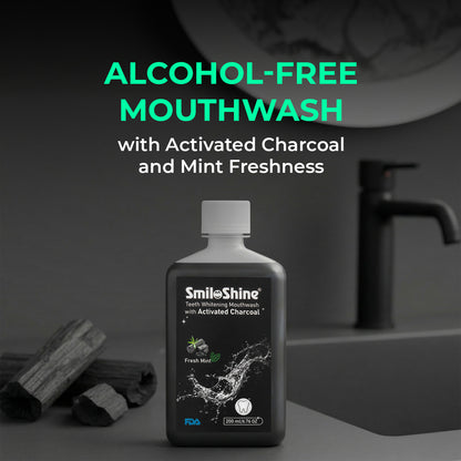 SmiloShine Alcohol-Free Activated Charcoal Mouthwash bottle with mint leaves, ensuring fresh breath without the burn.