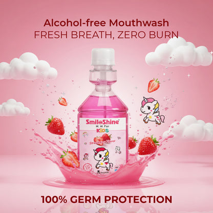SmiloShine Strawberry Mouthwash for kids graphic emphasizing fresh breath and zero burn alcohol-free formula.