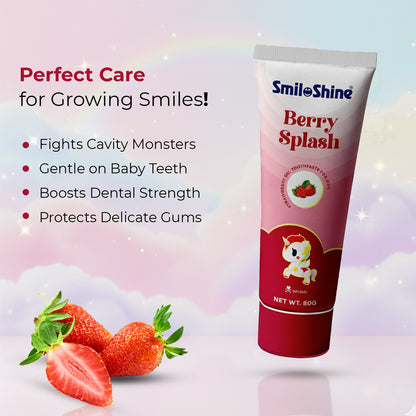 SmiloShine Berry Splash gel toothpaste graphic featuring a unicorn character, highlighting gentle care for growing smiles and cavity protection.