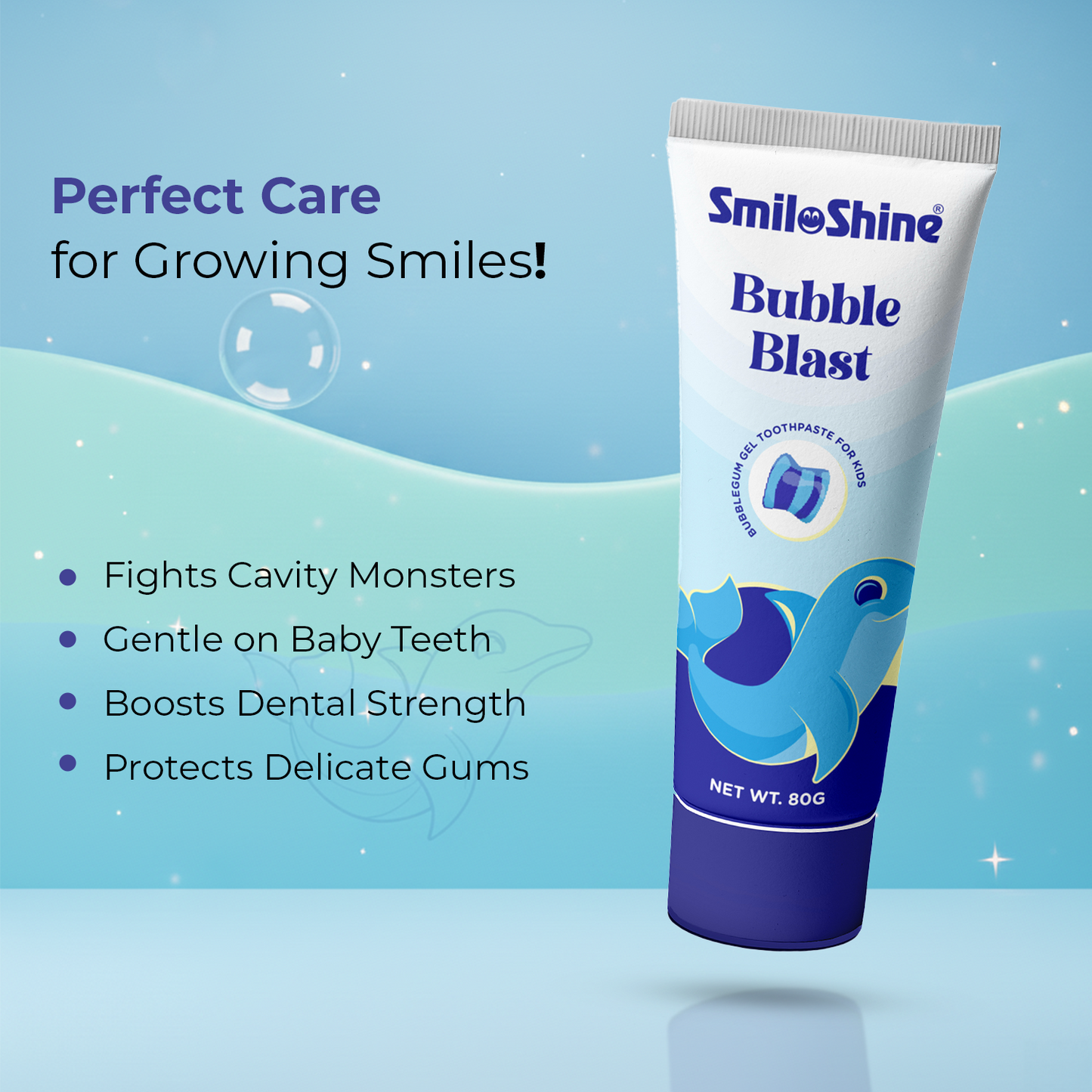 SmiloShine Bubble Blast gel toothpaste graphic showing cavity protection, enamel safety, and gentle care for growing smiles.