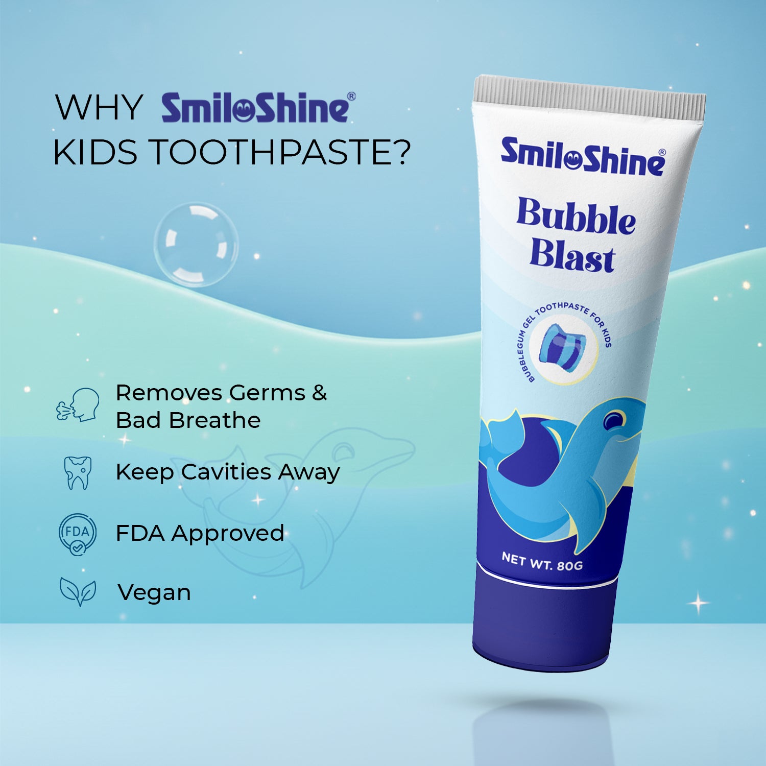 SmiloShine Bubble Blast gel toothpaste graphic featuring a dinosaur character, emphasizing germ removal and bad breath fighting.