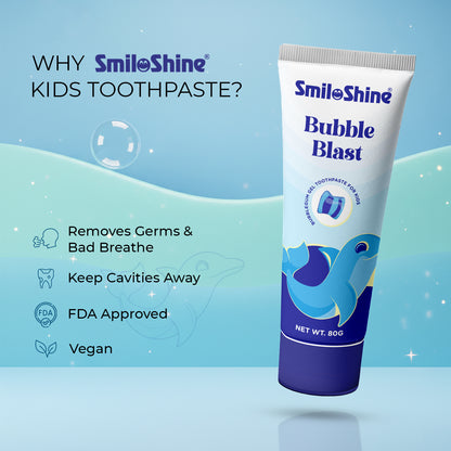 SmiloShine Bubble Blast gel toothpaste graphic featuring a dinosaur character, emphasizing germ removal and bad breath fighting.