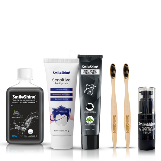 SmiloShine 6-in-1 Complete Dental Care Box featuring Sensitivity and Charcoal Toothpastes, Whitening Serum, Mouthwash, and Bamboo Brushes.