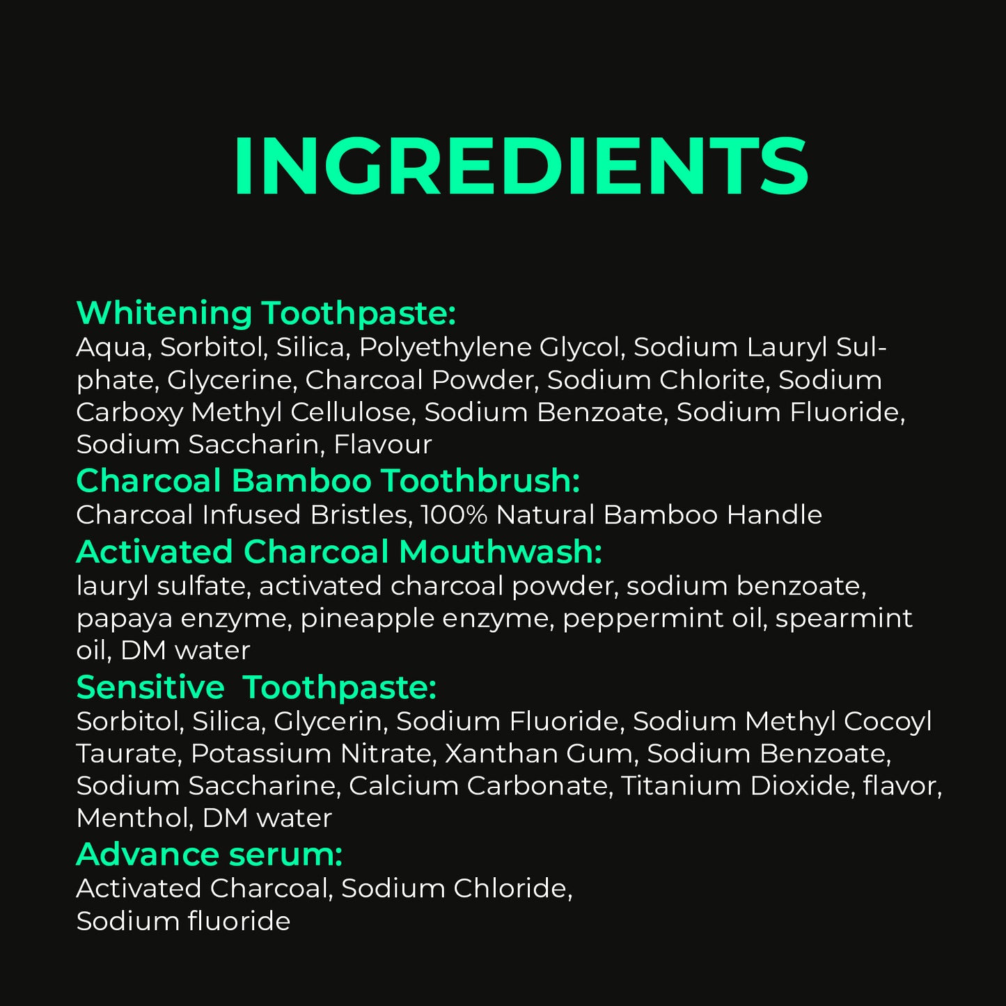 Full ingredient list for SmiloShine Whitening Toothpaste, Sensitive Toothpaste, Mouthwash, and Bamboo Brush, showing transparent formulation.