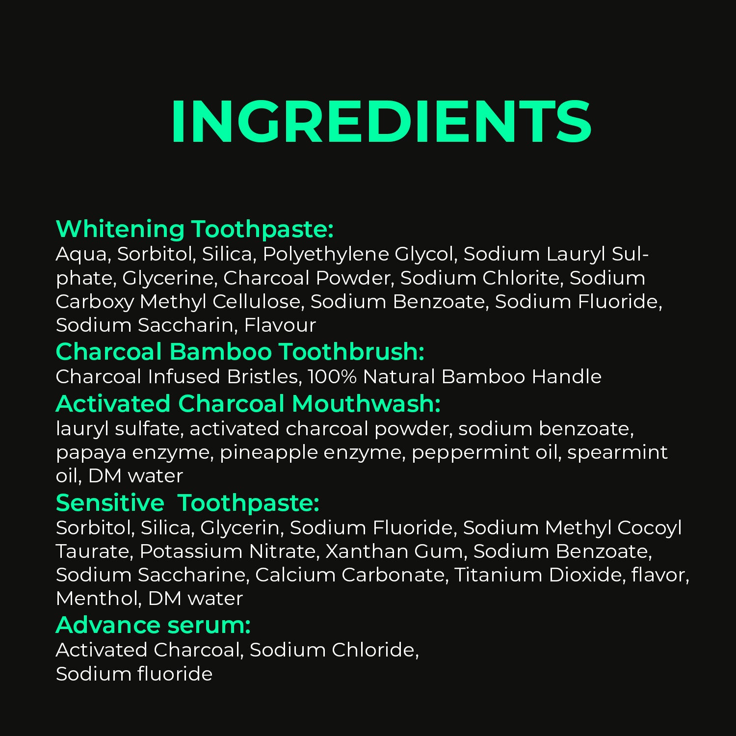 Full ingredient list for SmiloShine Whitening Toothpaste, Sensitive Toothpaste, Mouthwash, and Bamboo Brush, showing transparent formulation.