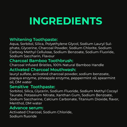 Full ingredient list for SmiloShine Whitening Toothpaste, Sensitive Toothpaste, Mouthwash, and Bamboo Brush, showing transparent formulation.