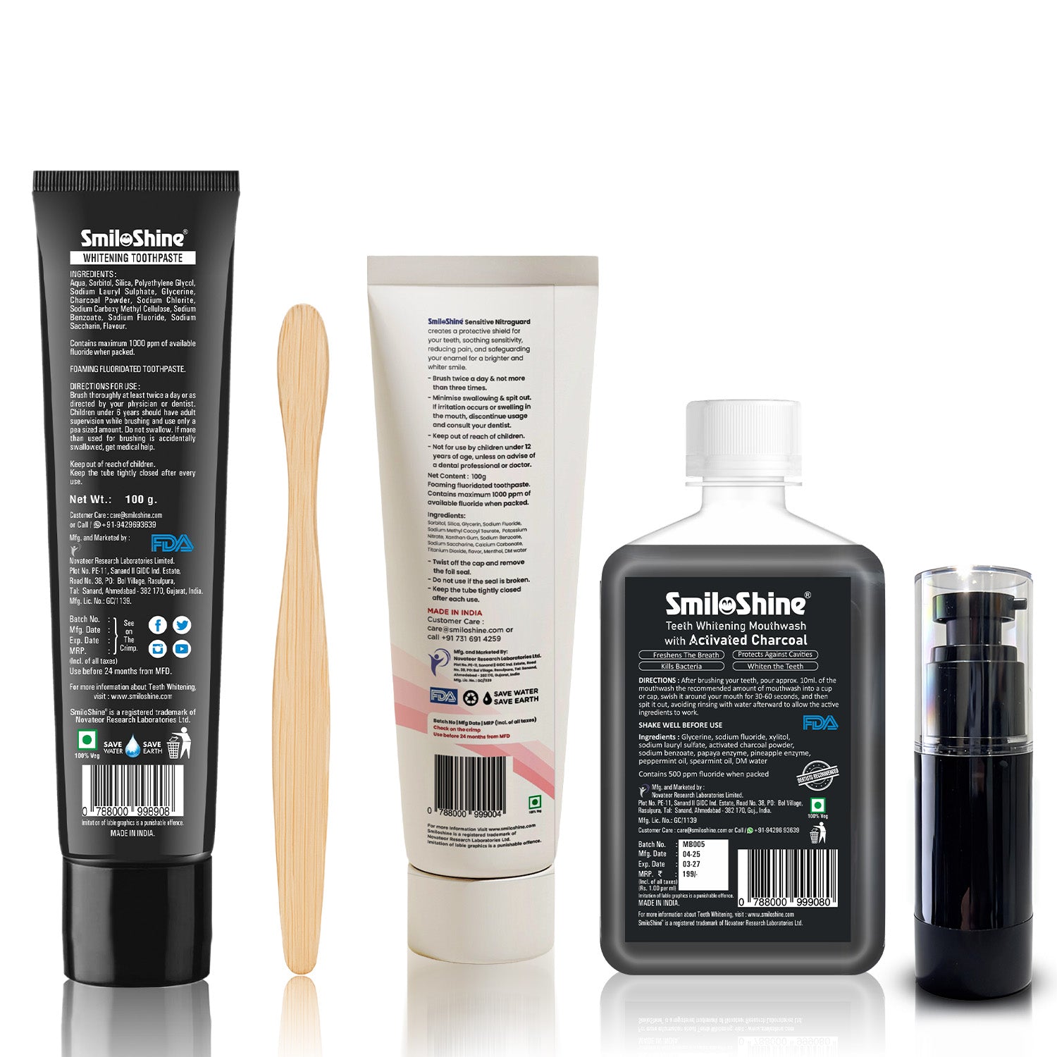 Back view of SmiloShine dental care products (Toothpastes, Mouthwash, Serum) showing usage instructions and safety information.