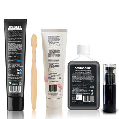 Back view of SmiloShine dental care products (Toothpastes, Mouthwash, Serum) showing usage instructions and safety information.