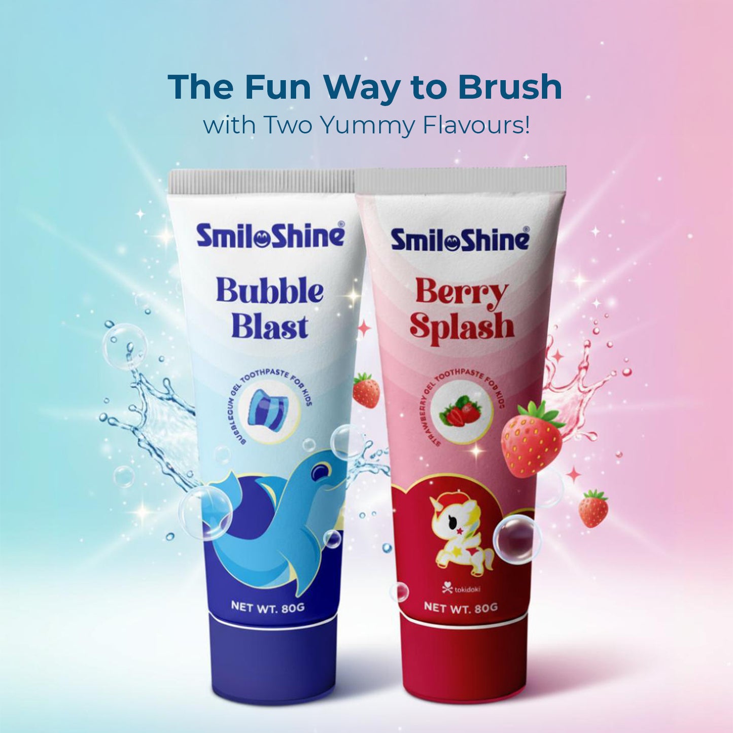 SmiloShine Kids Toothpaste duo displayed with fresh strawberries and water splash, highlighting the fun way to brush with yummy flavors.
