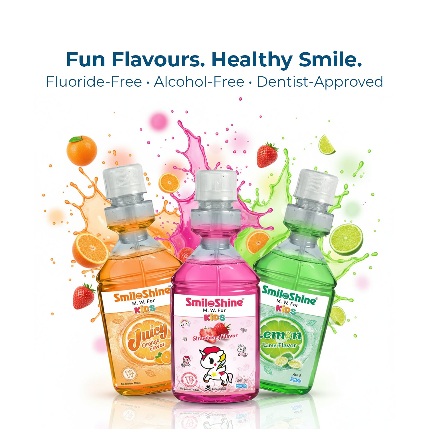 SmiloShine kids mouthwash collection displaying Juicy Orange, Lemon Lime, and Strawberry flavors for a fun and healthy oral care routine.