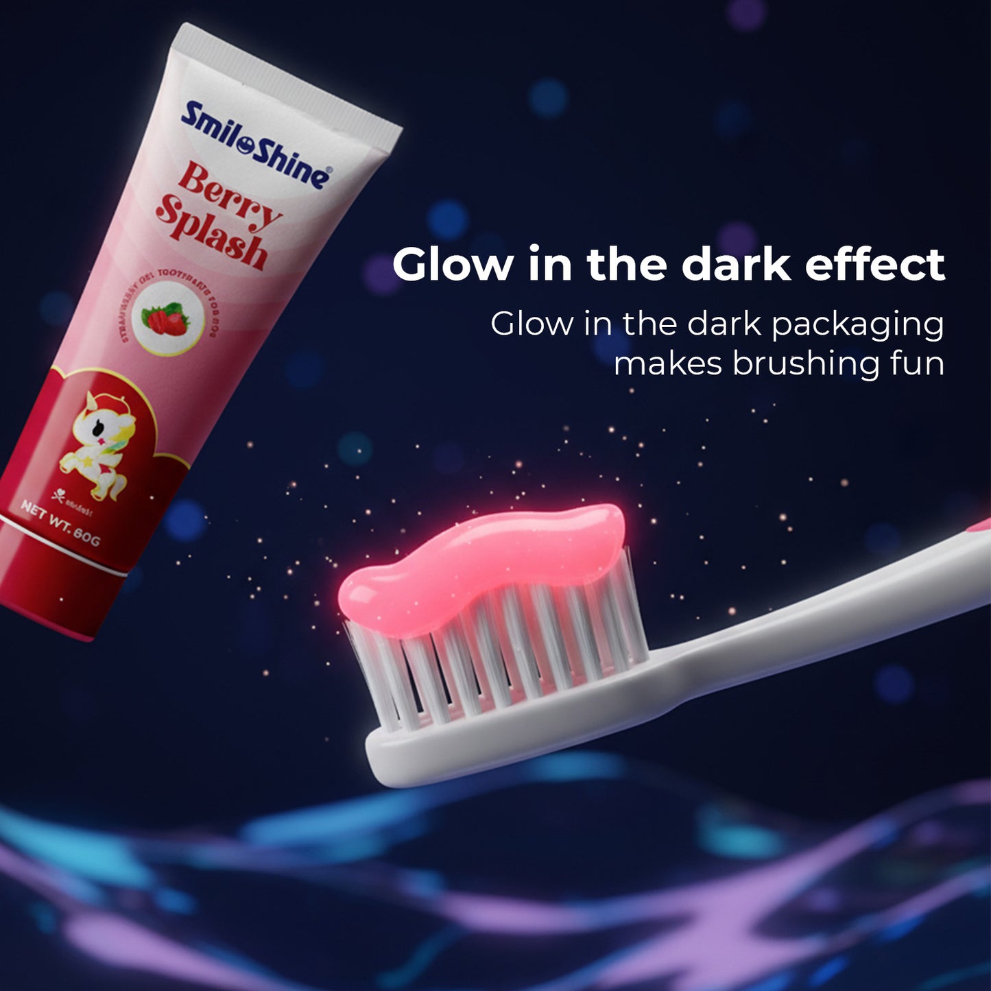 Dark background showing SmiloShine Berry Splash toothpaste tube and pink gel on a brush glowing in the dark, making brushing fun.