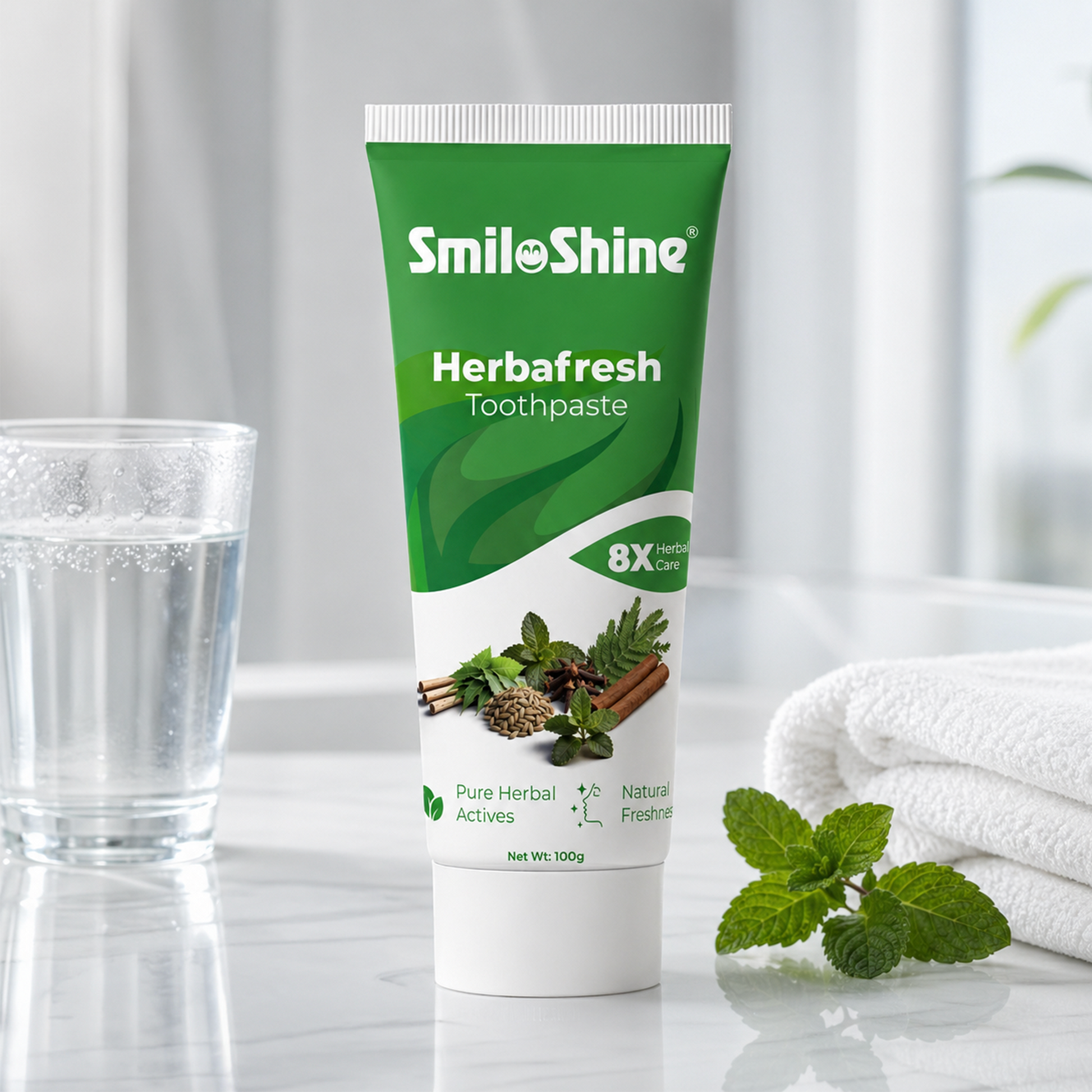 SmiloShine Herbafresh Herbal Toothpaste tube resting on a marble bathroom counter next to a glass of water and fresh mint leaves for a natural morning routine.