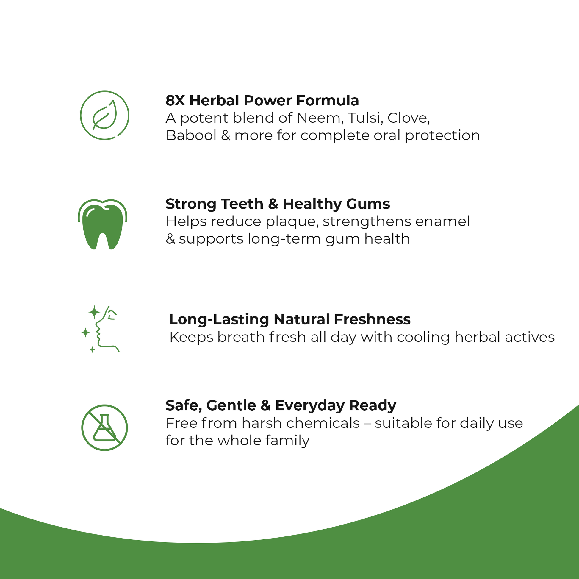 Key features of SmiloShine Herbafresh Toothpaste including 8X Herbal Power Formula, strong teeth and healthy gums, long-lasting natural freshness, and safe daily use.