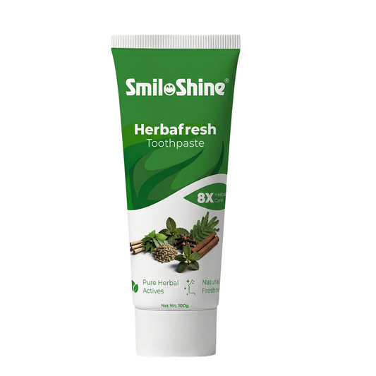 Front view of SmiloShine Herbafresh Herbal Toothpaste tube showing the 8X Herbal Care formula. Made in India.