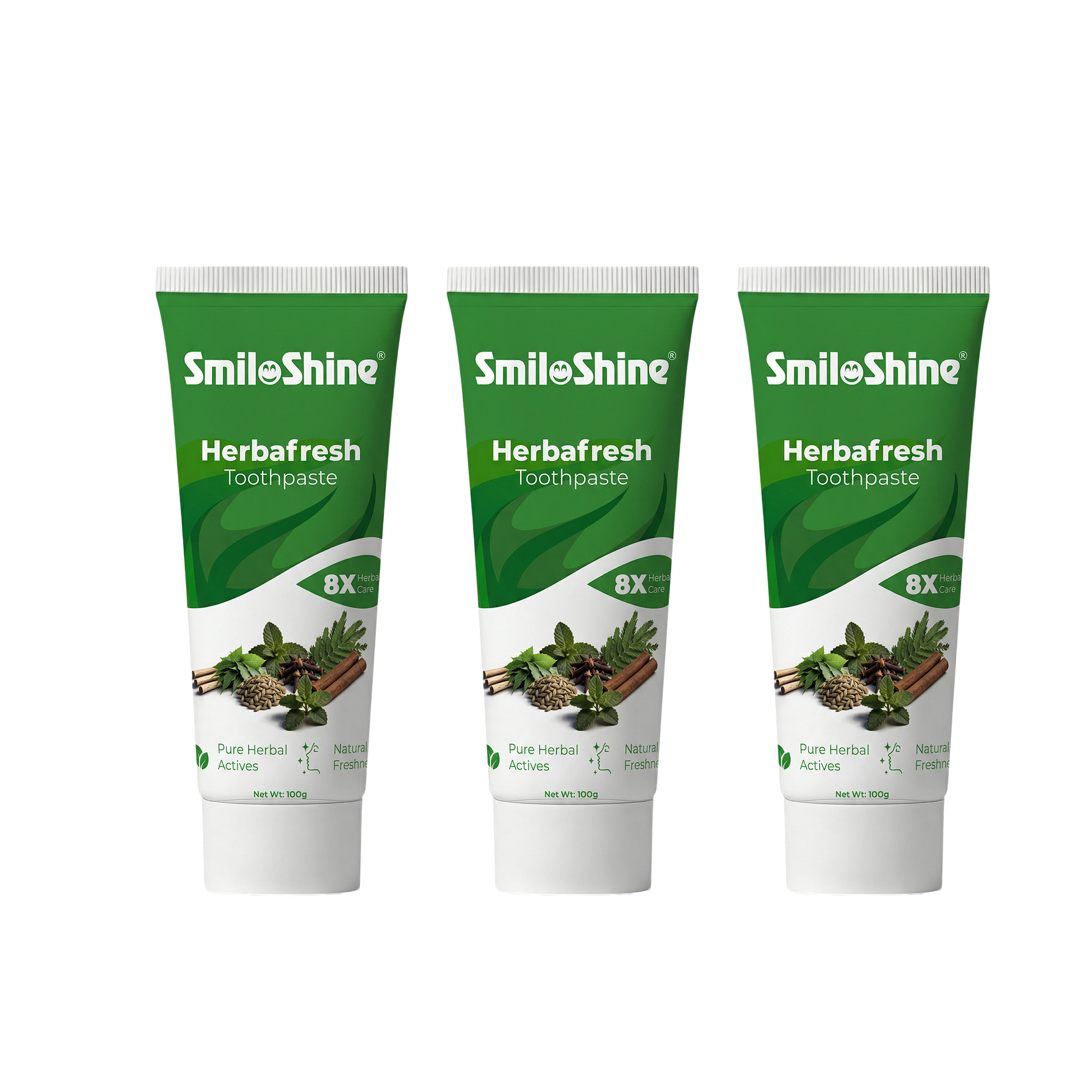 A combo pack of 3 SmiloShine Herbafresh Herbal Toothpaste tubes with neem and tulsi extracts for long-lasting natural freshness.