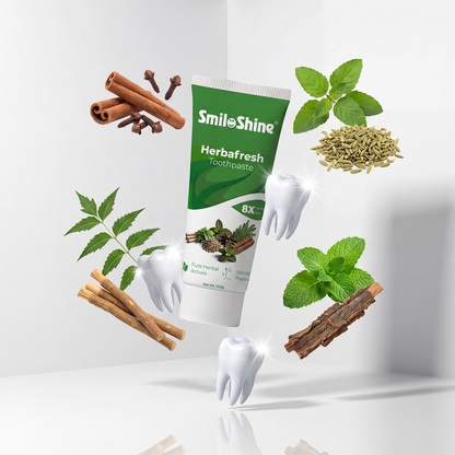 Creative display of SmiloShine Herbafresh surrounded by its 8 pure herbal actives like Neem, Cinnamon, and Clove, protecting bright, shining white teeth.