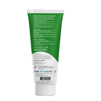 Complete front and back packaging view of SmiloShine Herbafresh foaming fluoridated herbal toothpaste.