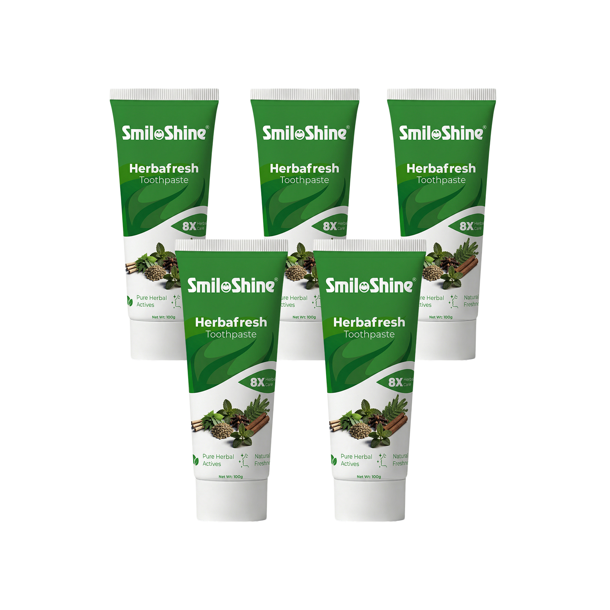 Bulk pack of 5 SmiloShine Herbafresh foaming fluoridated herbal toothpaste tubes for extended daily oral care and plaque removal.