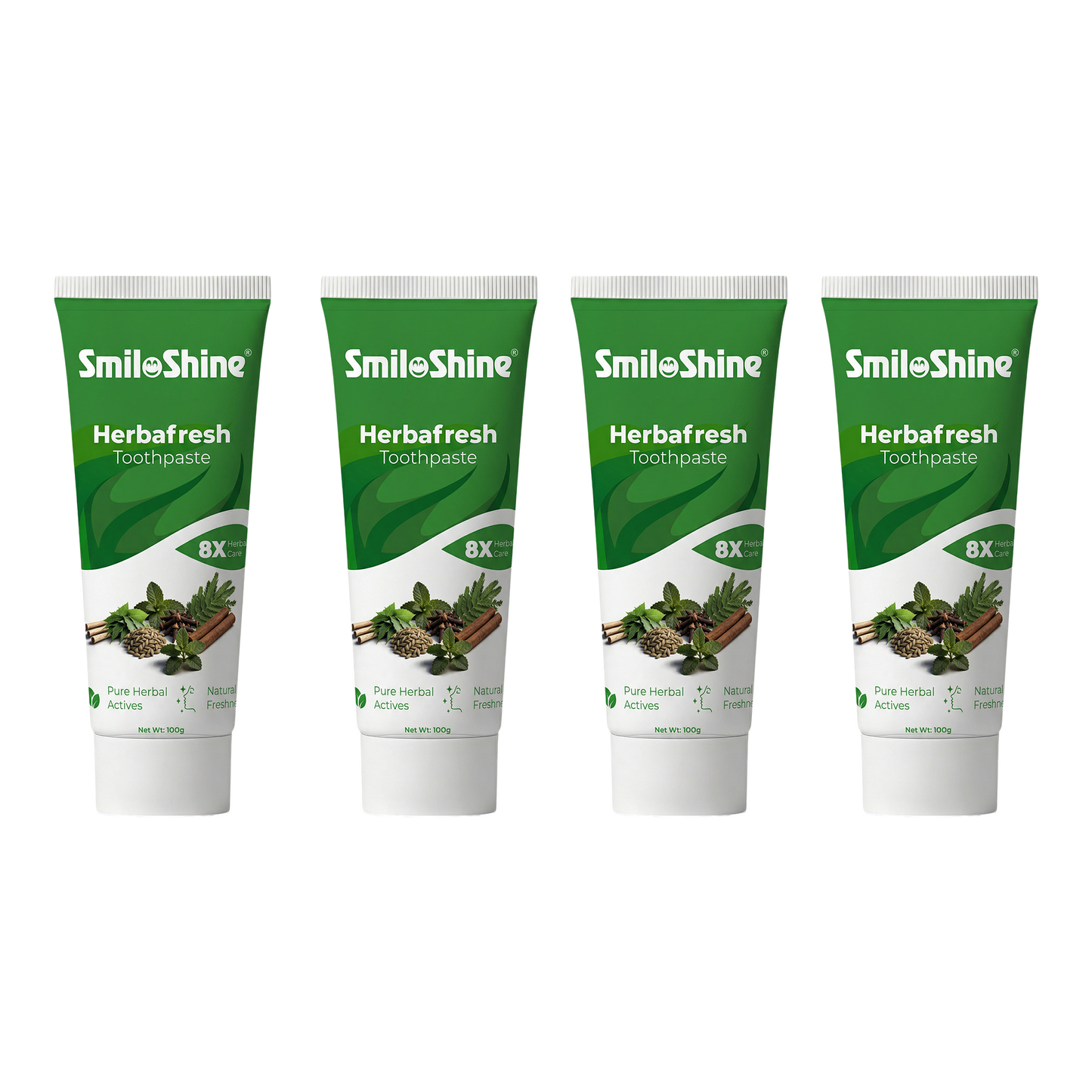 Family pack of 4 SmiloShine Herbafresh herbal toothpaste tubes, safely formulated for daily use by adults and teens to protect tooth enamel.