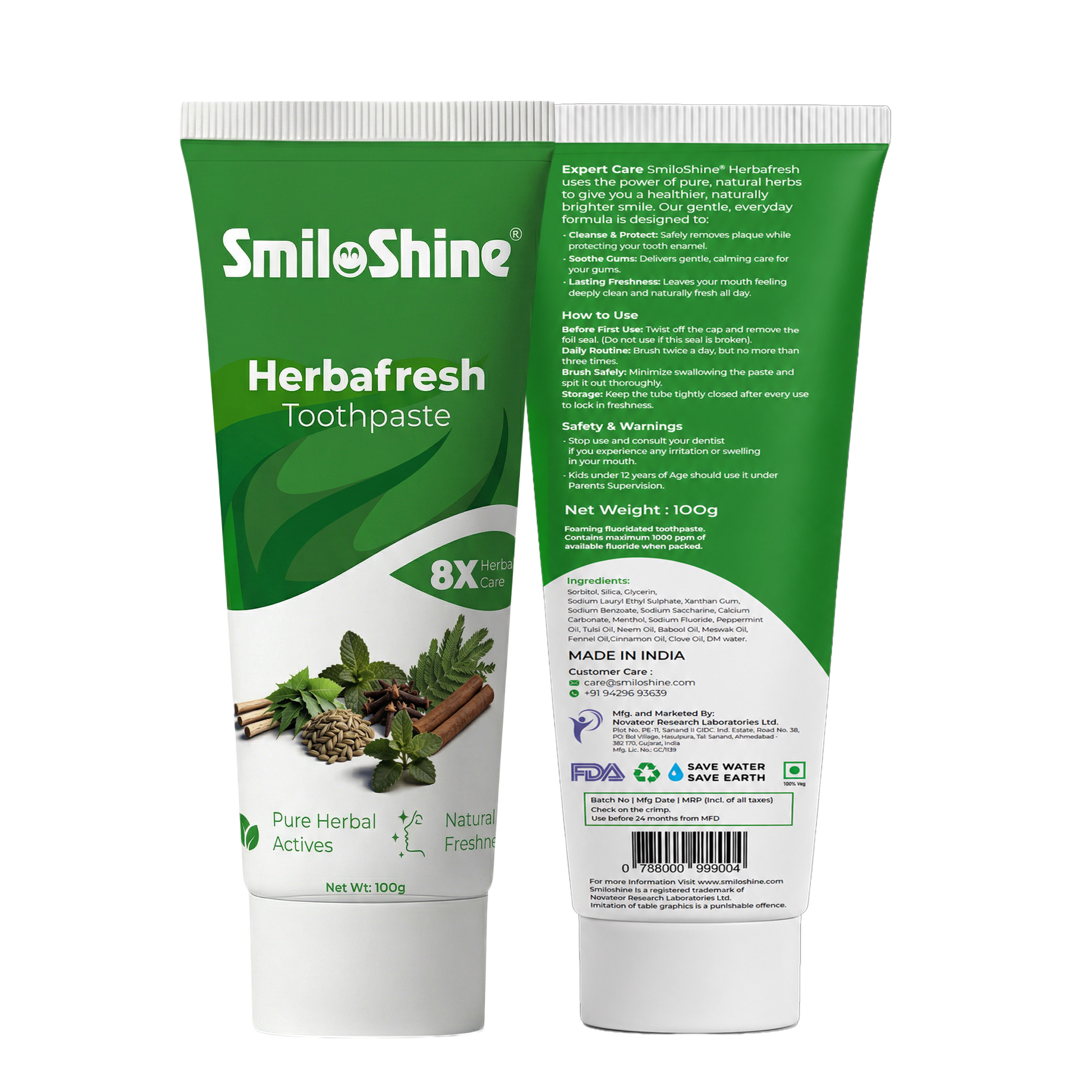 Complete front and back packaging view of SmiloShine Herbafresh foaming fluoridated herbal toothpaste.