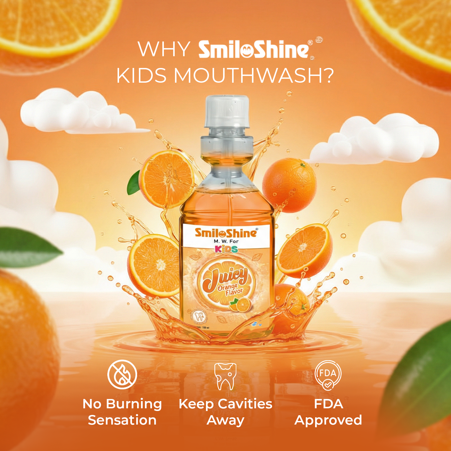 SmiloShine Juicy Orange mouthwash bottle surrounded by fresh oranges, highlighting 100% germ protection and fresh breath.