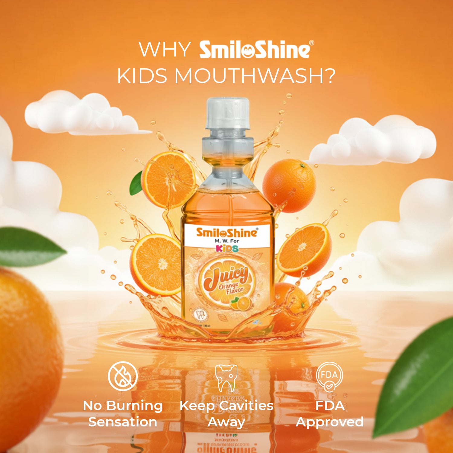 SmiloShine Juicy Orange flavor mouthwash graphic surrounded by fresh oranges, highlighting tasty cavity protection for children.