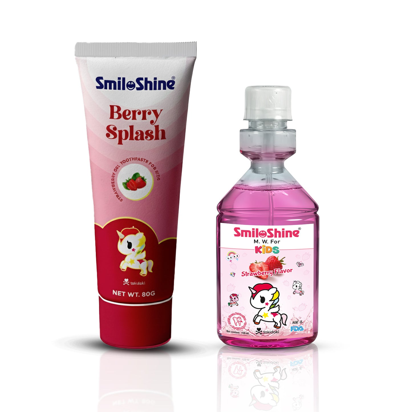 SmiloShine Kids Berry Blast Combo featuring Unicorn Berry Splash Toothpaste and Strawberry Mouthwash for complete oral care.