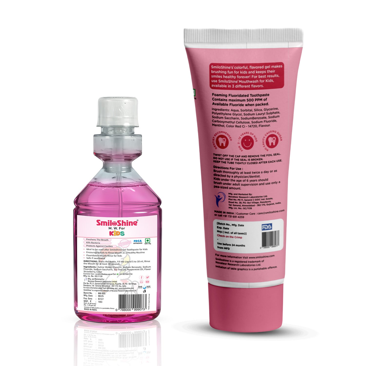 Back view of SmiloShine kids toothpaste and mouthwash packaging showing usage instructions, fluoride content, and alcohol-free certification.