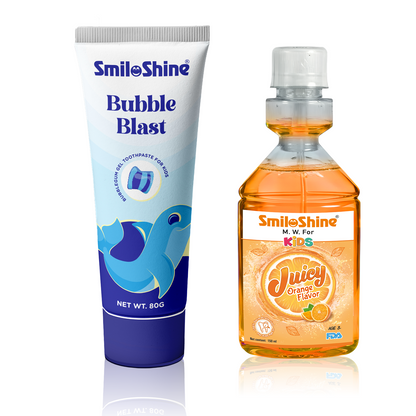 SmiloShine Kids Fun Combo featuring Glow-in-the-Dark Bubble Blast Toothpaste and Juicy Orange Mouthwash for healthy smiles.